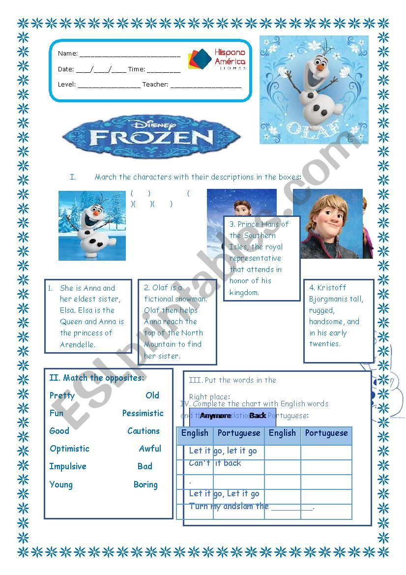 Movie Frozen worksheet