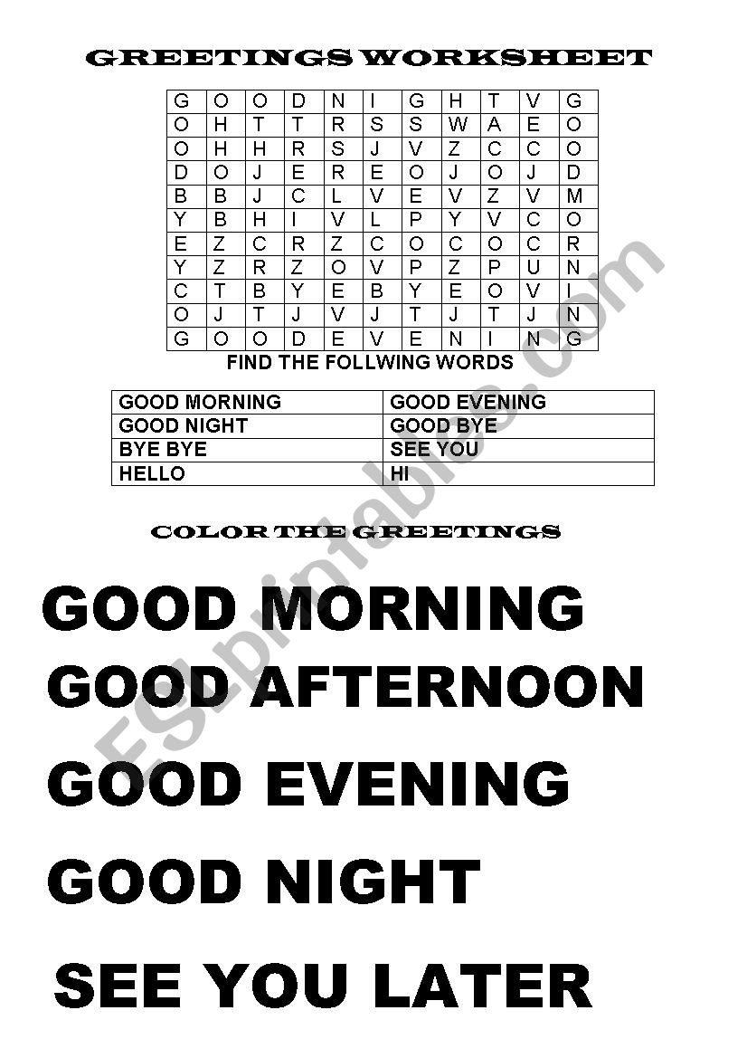 GREETINGS WORKSHEET worksheet