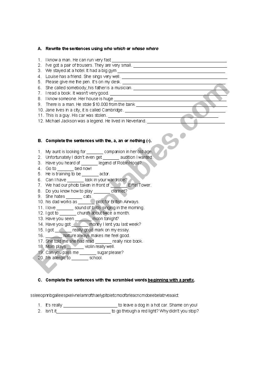 which / whose / where  worksheet