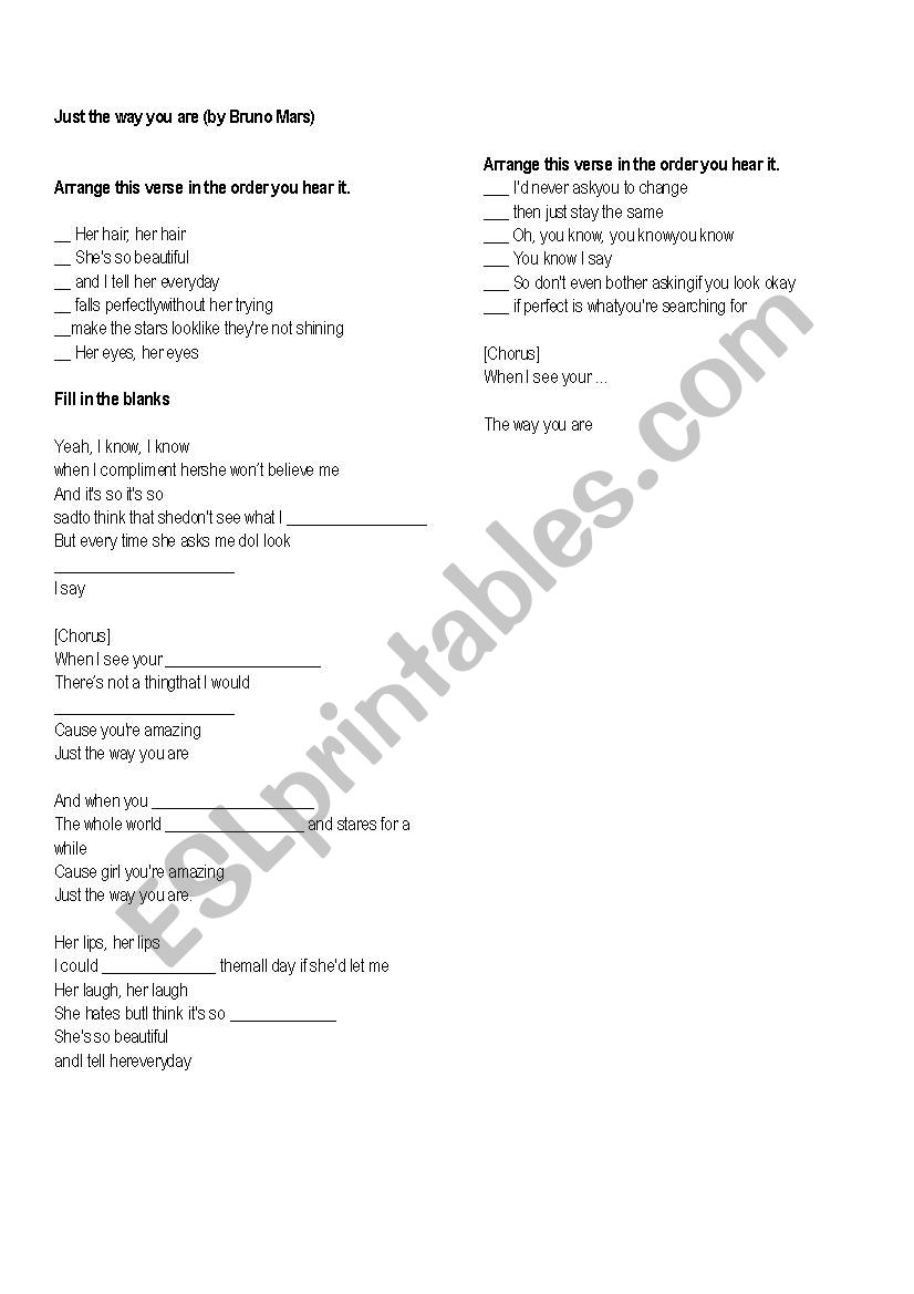 Song: Just the way you are worksheet
