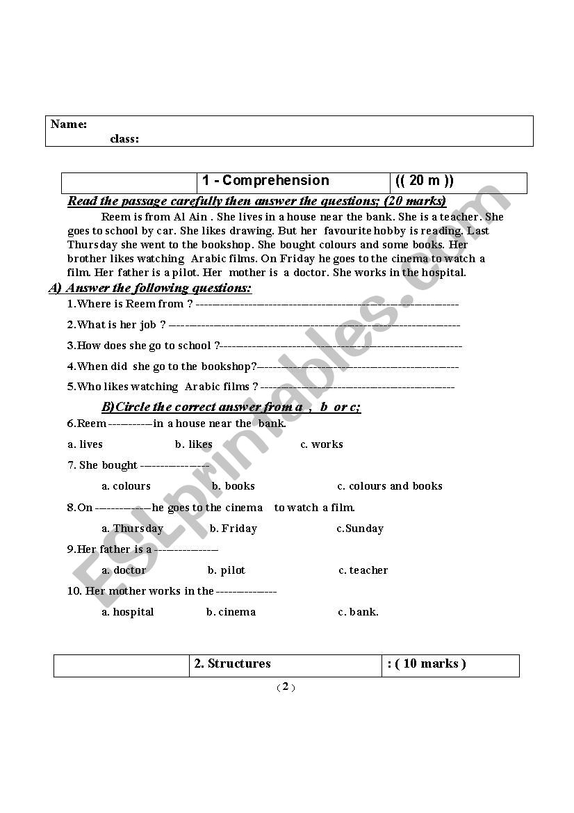 exam worksheet