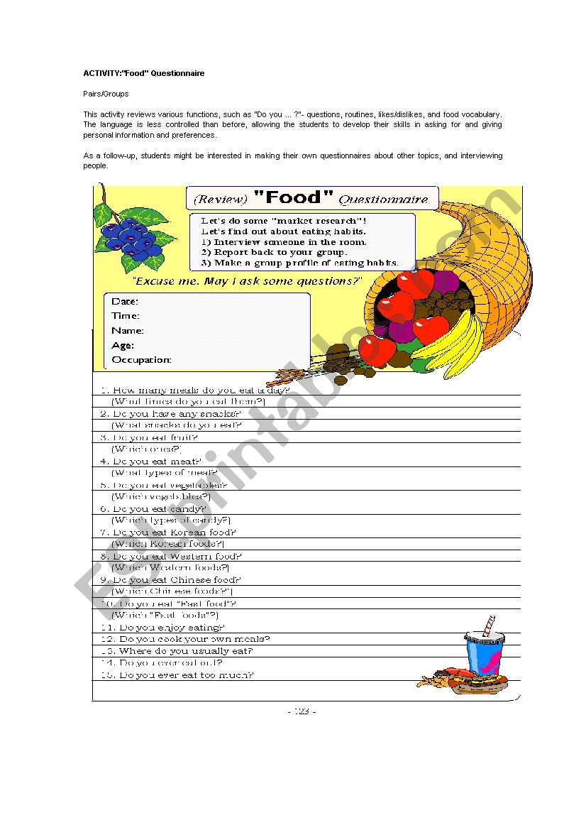 FOOD QUESTIONNAIRE worksheet