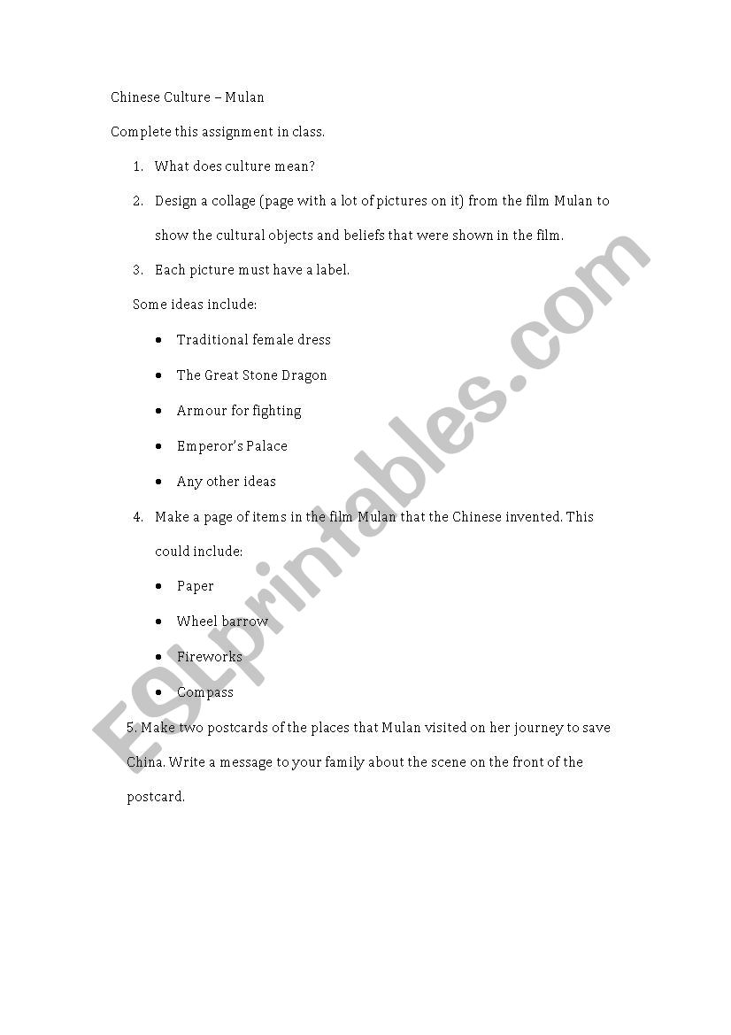 Ancient Chinese Culture worksheet