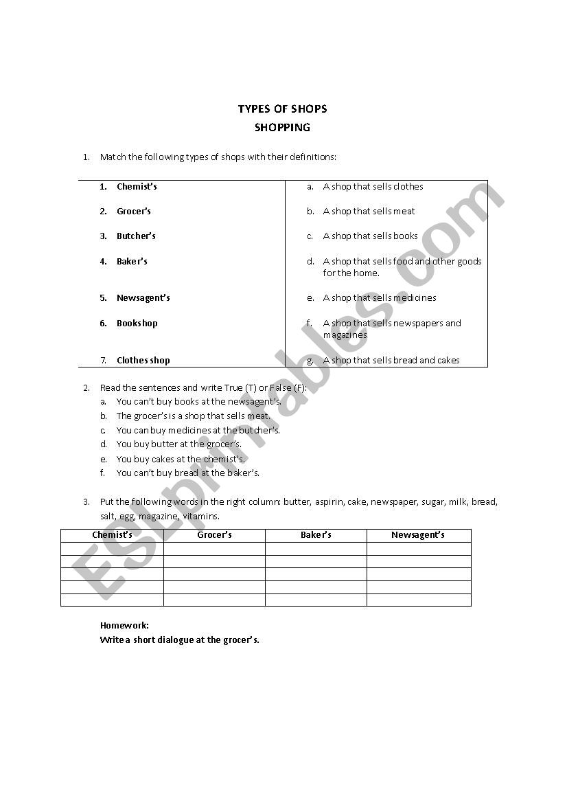 Types of shops worksheet