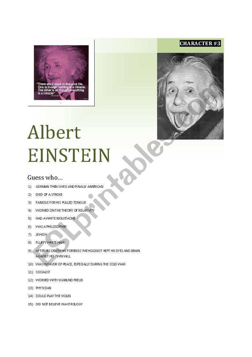 Guessing game CARD 1/5 Einstein - ESL worksheet by Hellodear