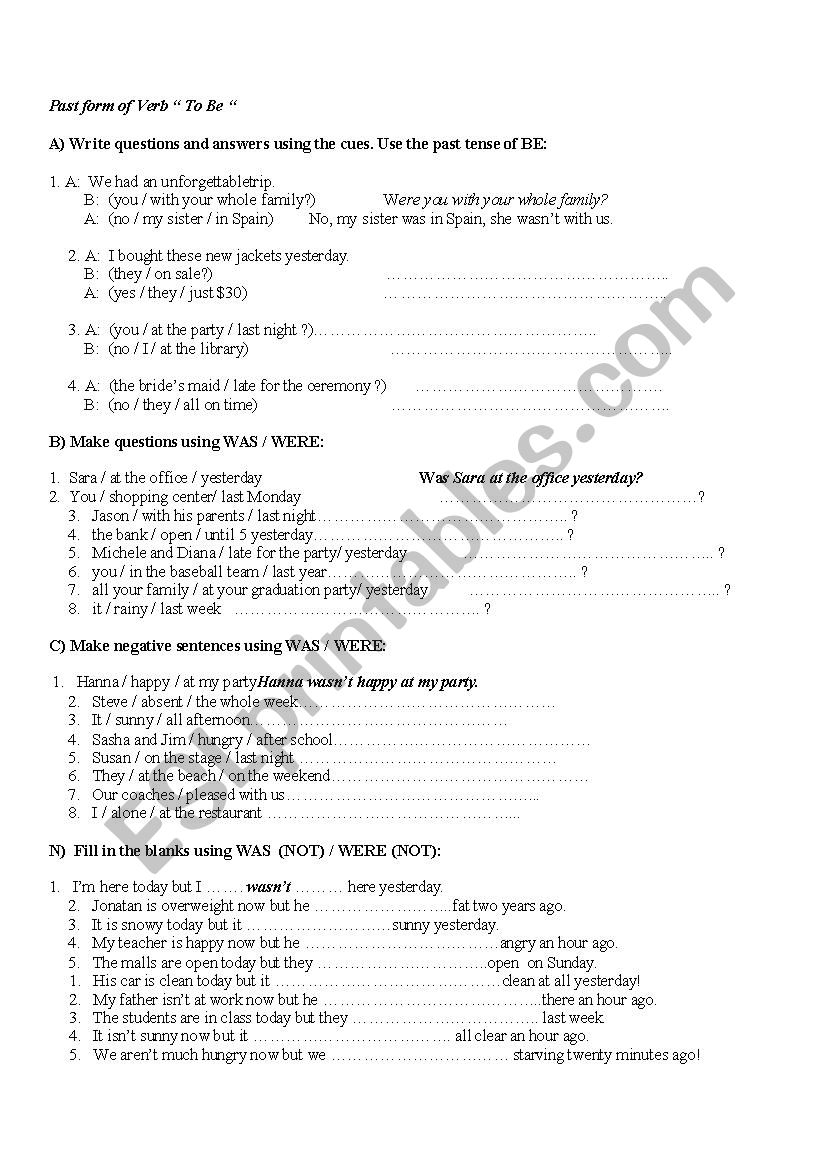 past tense of BE worksheet