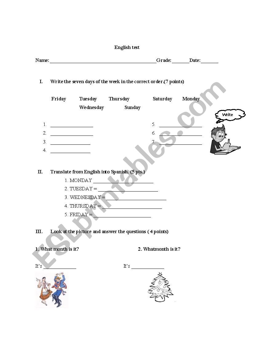 test days and months  worksheet
