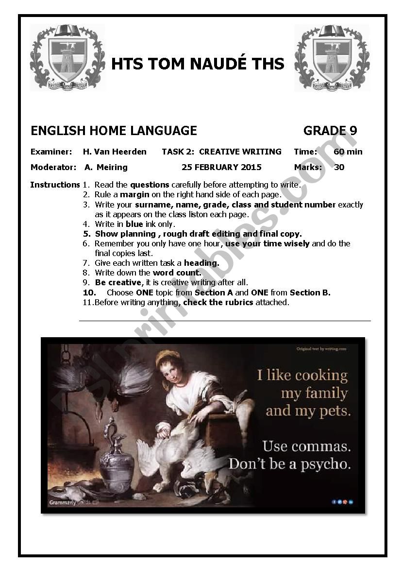 Grade 9 Creative Writing Test worksheet