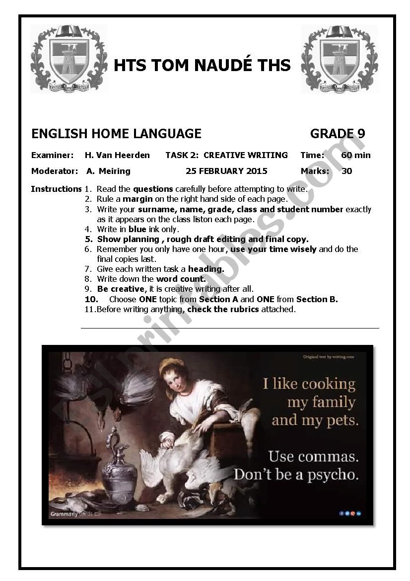 Grade 9 Creative Writing Test ESL Worksheet By MsvanHeerden