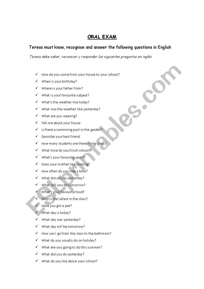 Oral  questions  worksheet