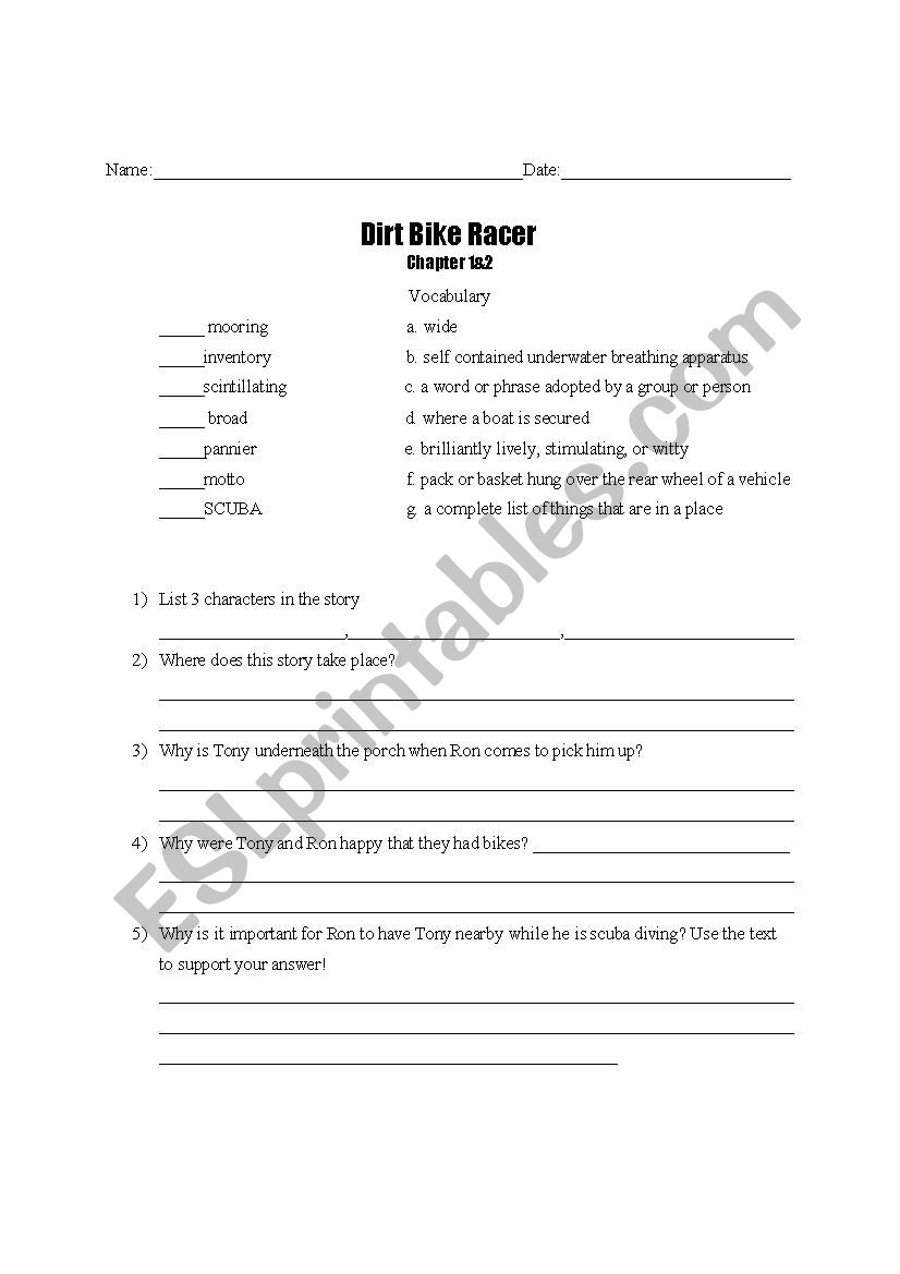 Dirt Bike Racer Chapters 1 2 ESL Worksheet By Hdobson