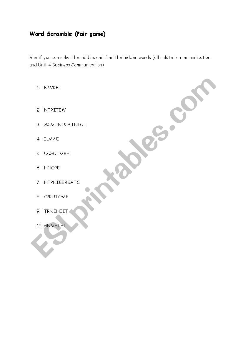 Business Communcation Word Scramble