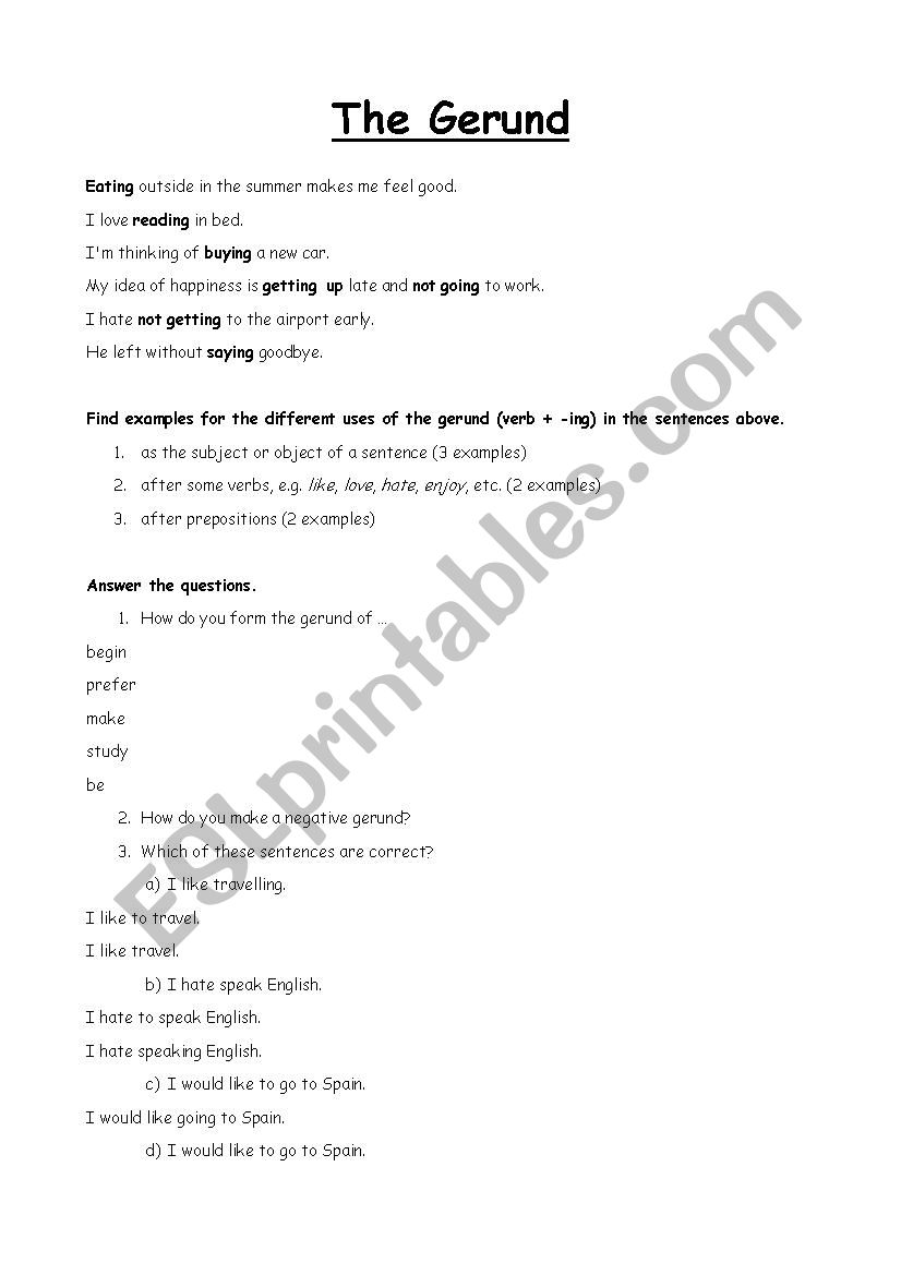 Gerunds worksheet