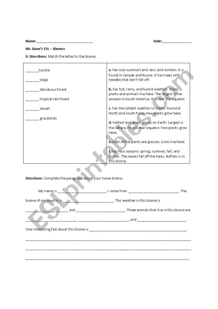 Biomes Cloze Paragraph worksheet