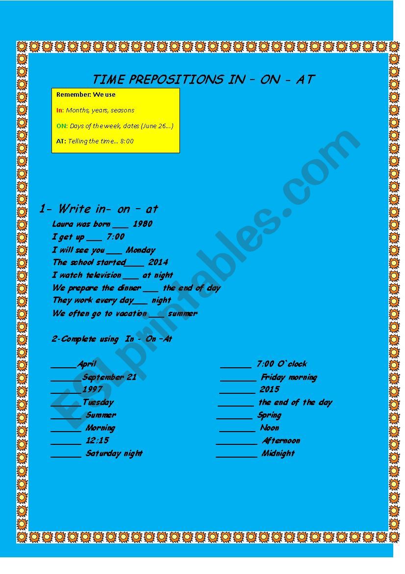  TIME PREPOSITIONS IN ON AT worksheet