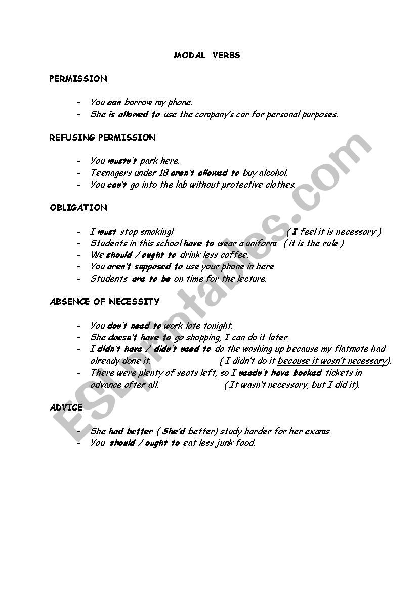 MODAL VERBS -summary worksheet