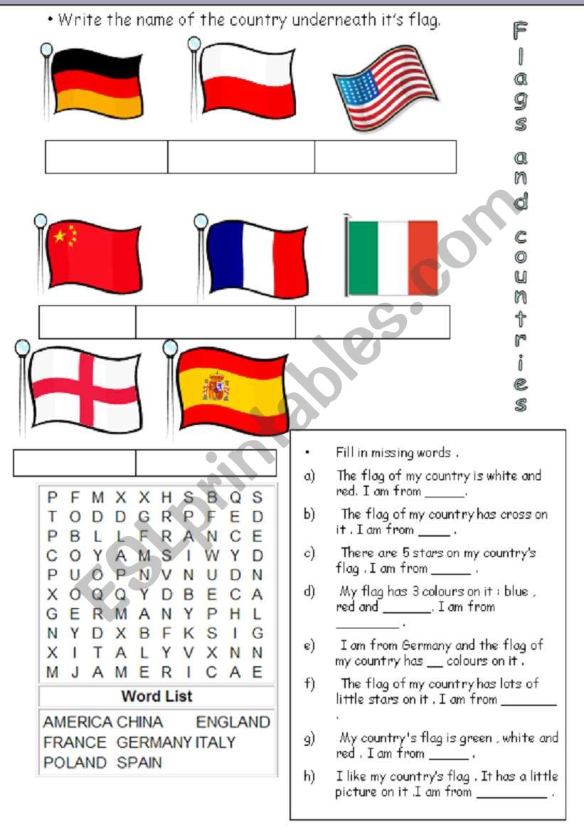 Flags and countries ESL worksheet by lilli97