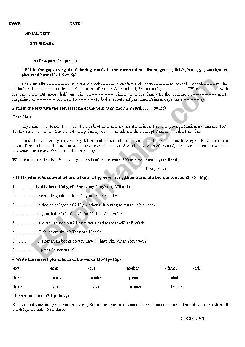 initial test worksheet