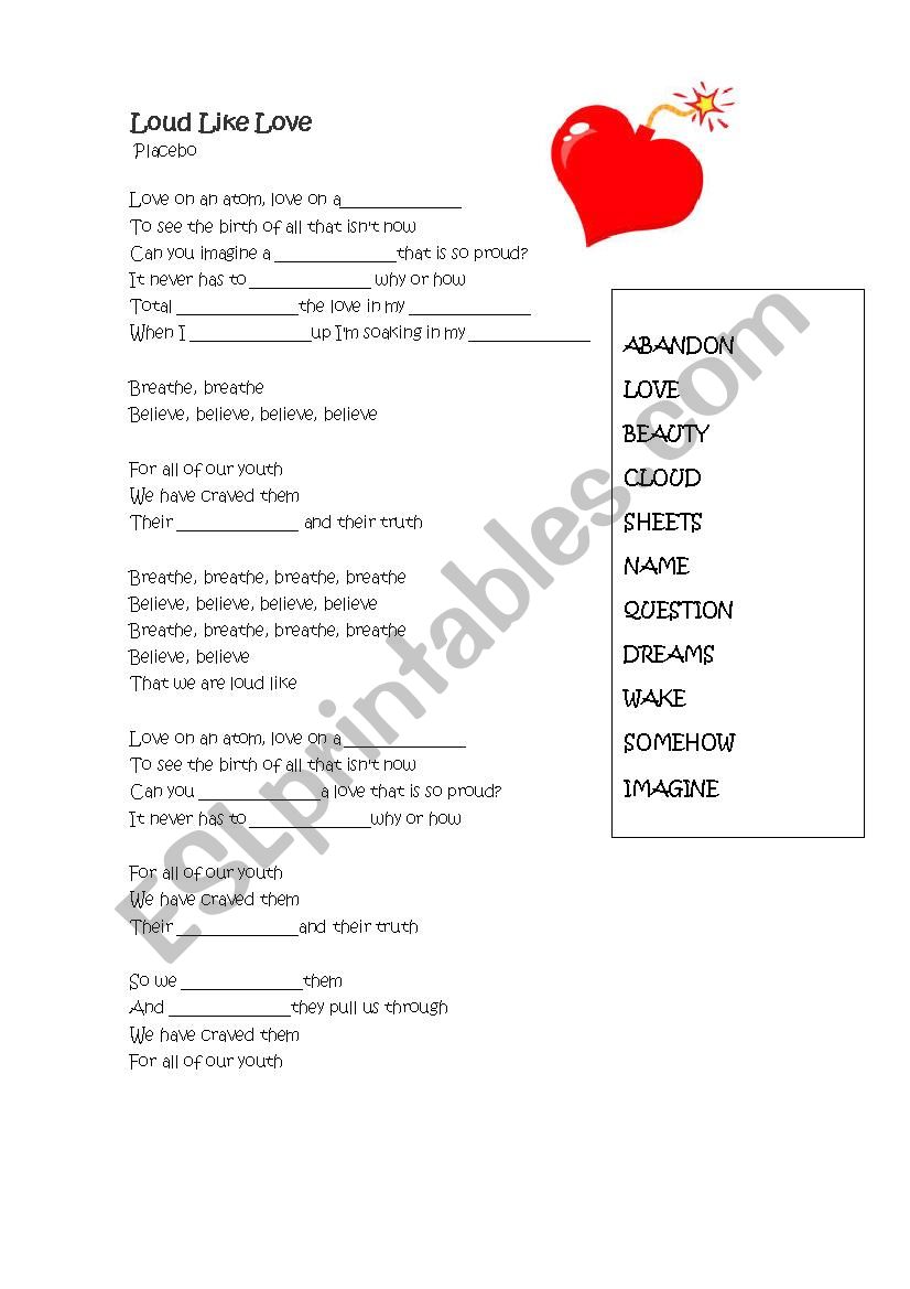 Loud like love - song worksheet