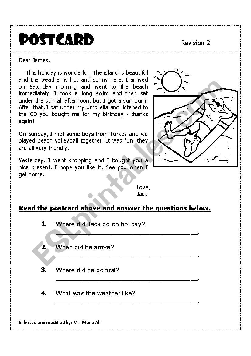 Postcard reading an writing worksheet