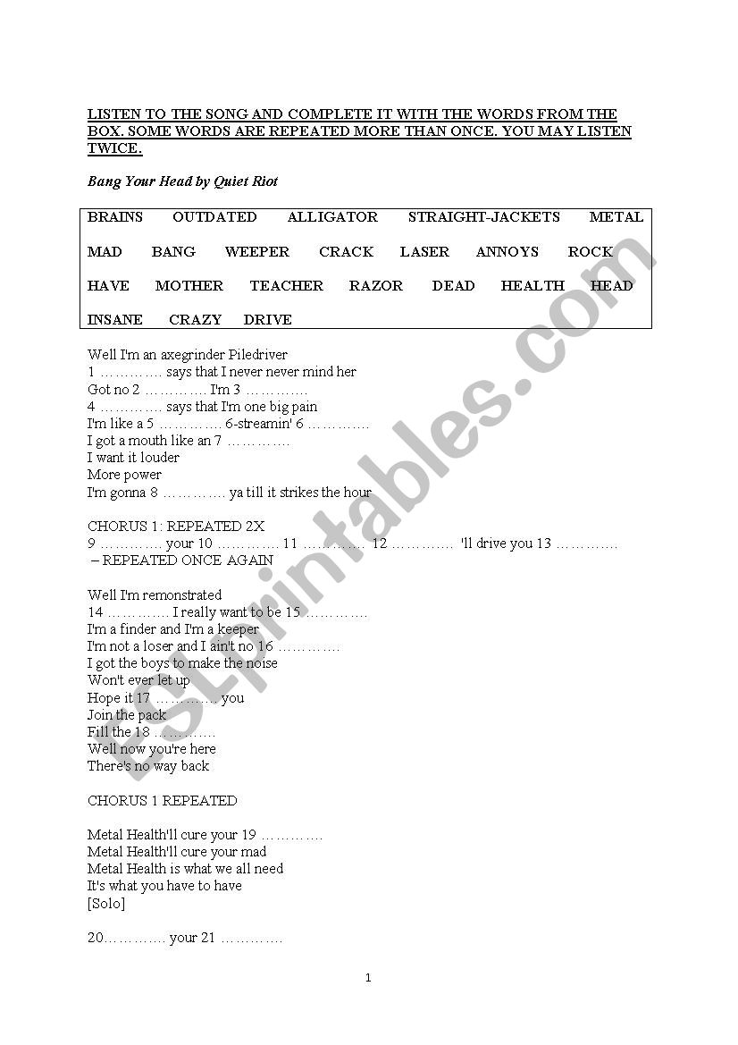 Bang Your Head by Quiet Riot worksheet