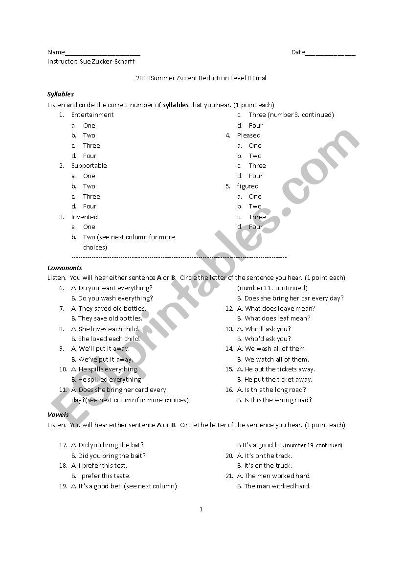 Final exam for Accent Reduction - ESL worksheet by sazs00