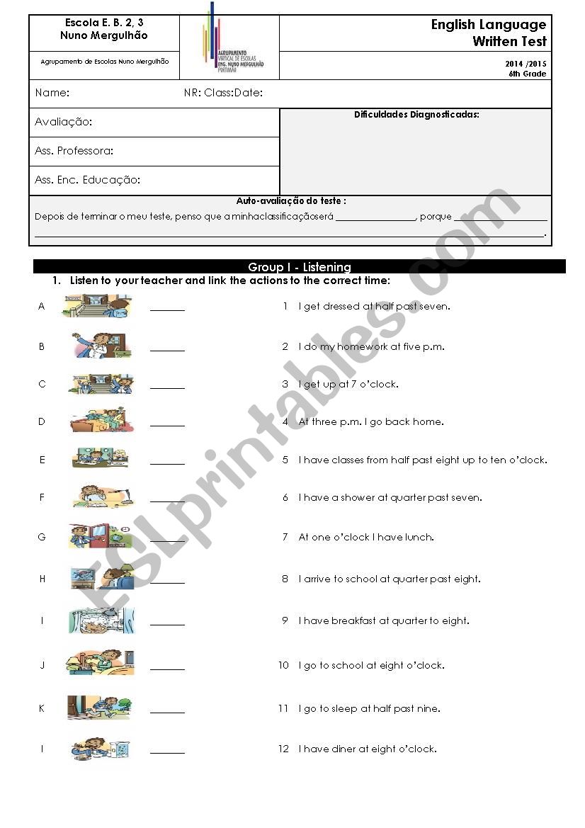 Oral test worksheet