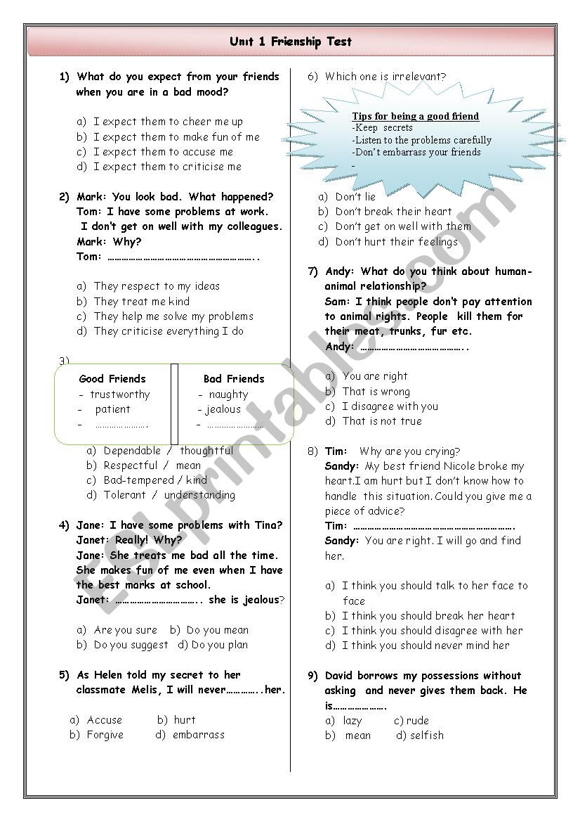 Unýt 1 test - ESL worksheet by mlml