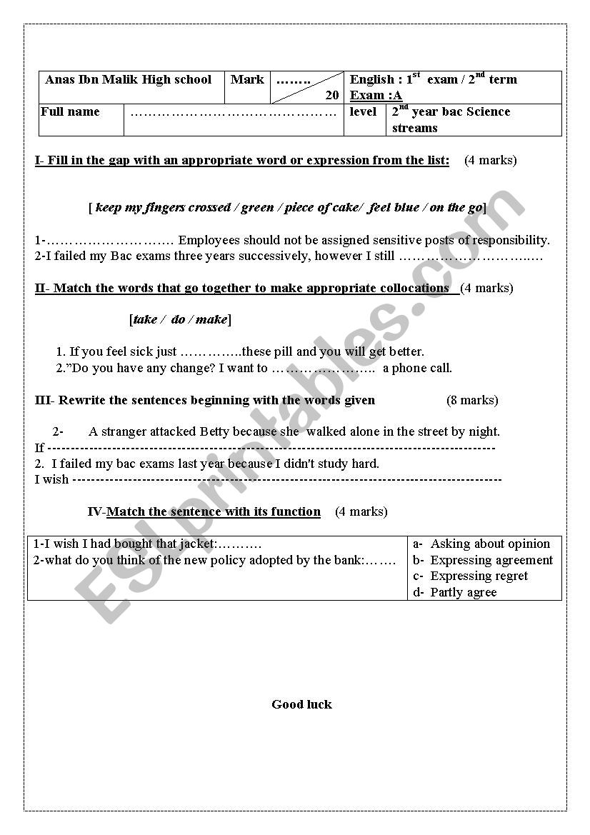 tests for 2nd year bac and common core