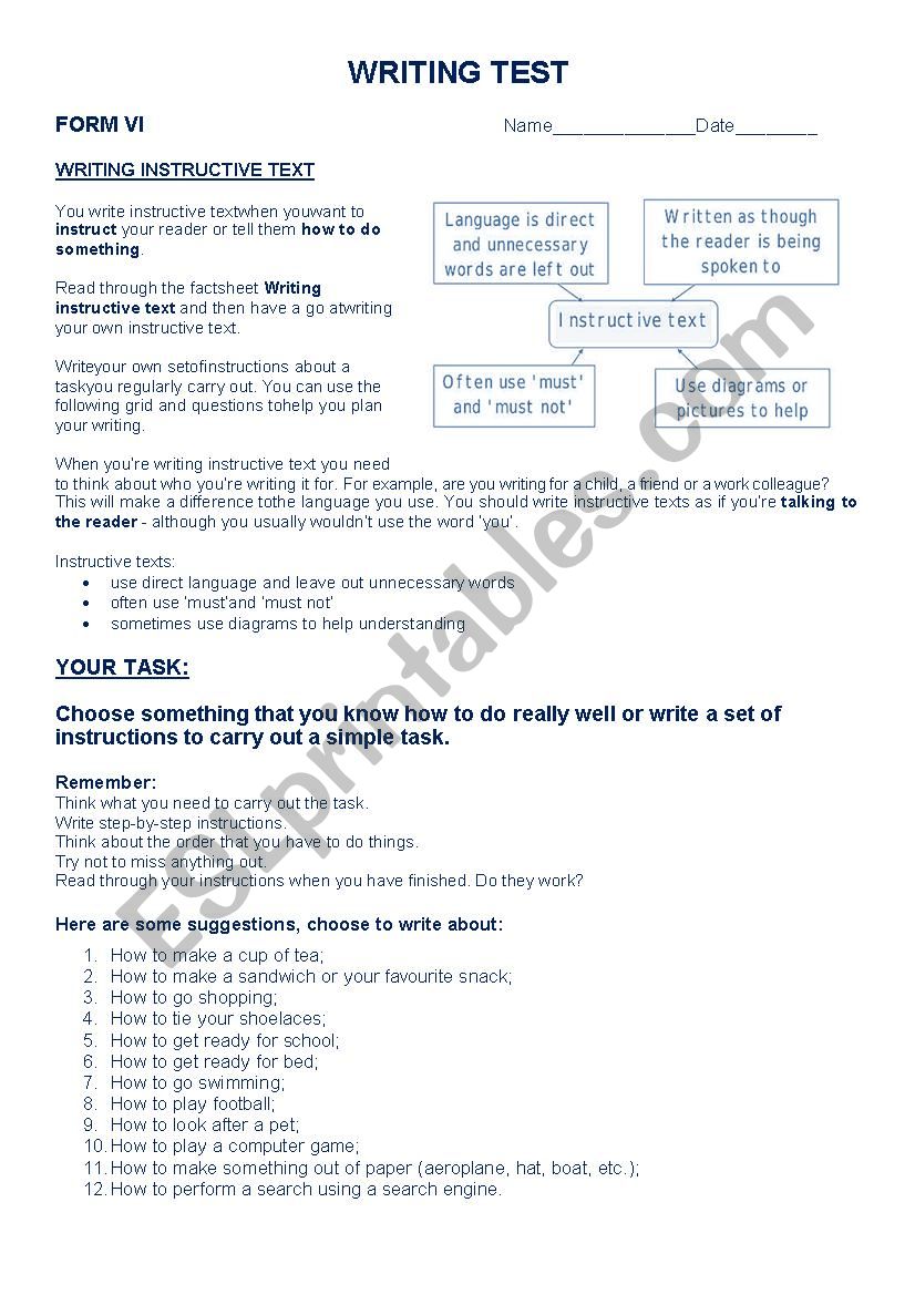 Writing Test ESL Worksheet By Amrivero