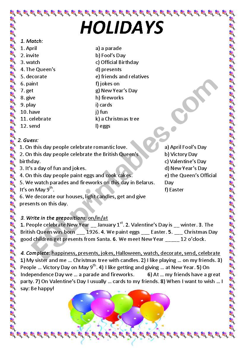 Holidays worksheet