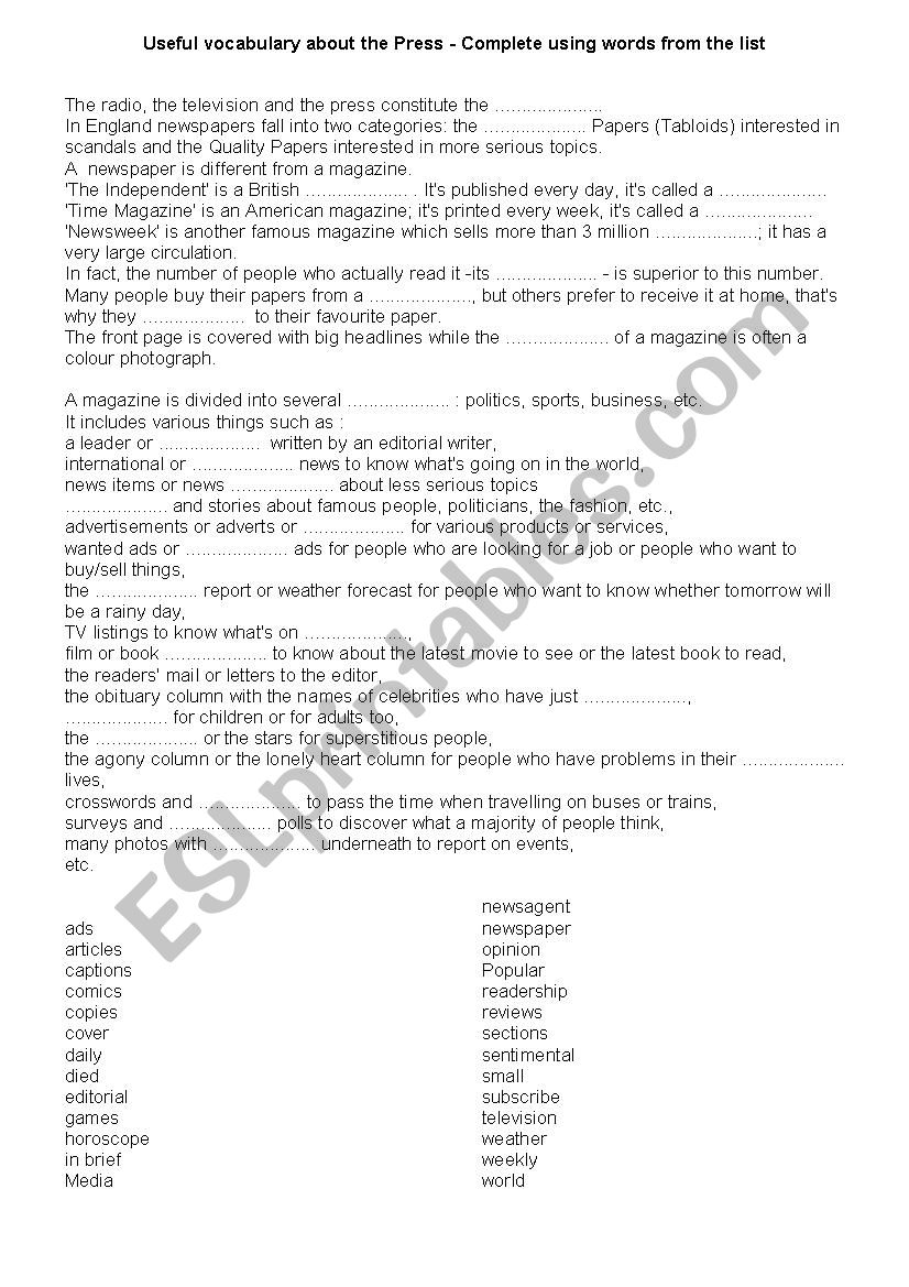 Press vocabulary worksheet