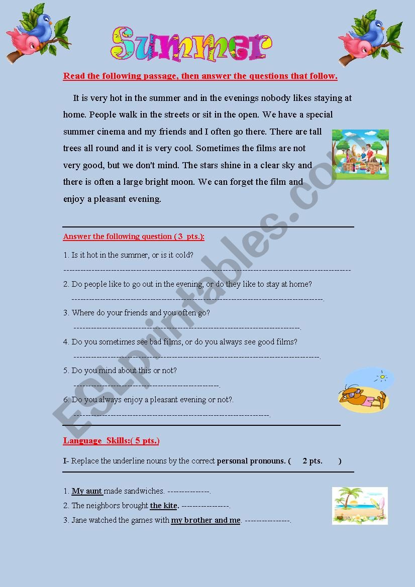 Exam about the summer(4th form) - ESL worksheet by sunrising ever
