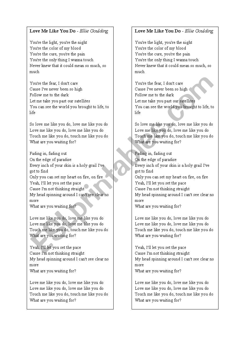 Love me like you do worksheet