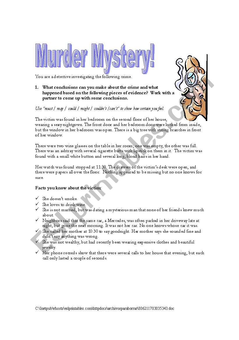 Murder Mystery ESL worksheet by jfarnell