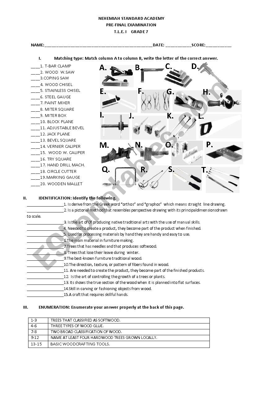 T.L. E. I woodcraft examination paper