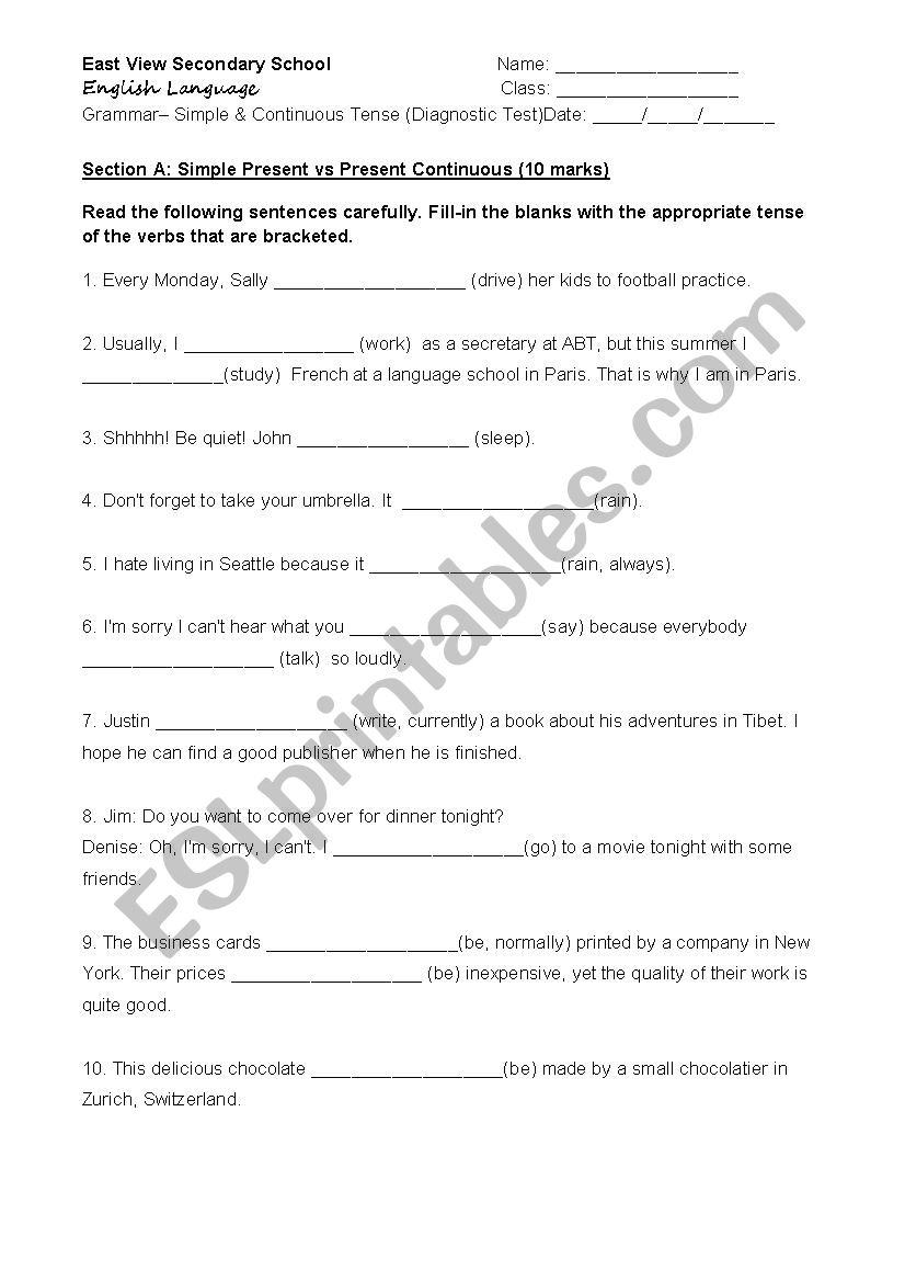 Present & Past Tense worksheet