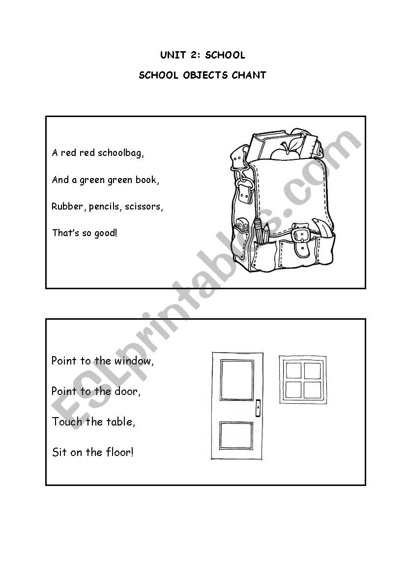 School supplies chant worksheet