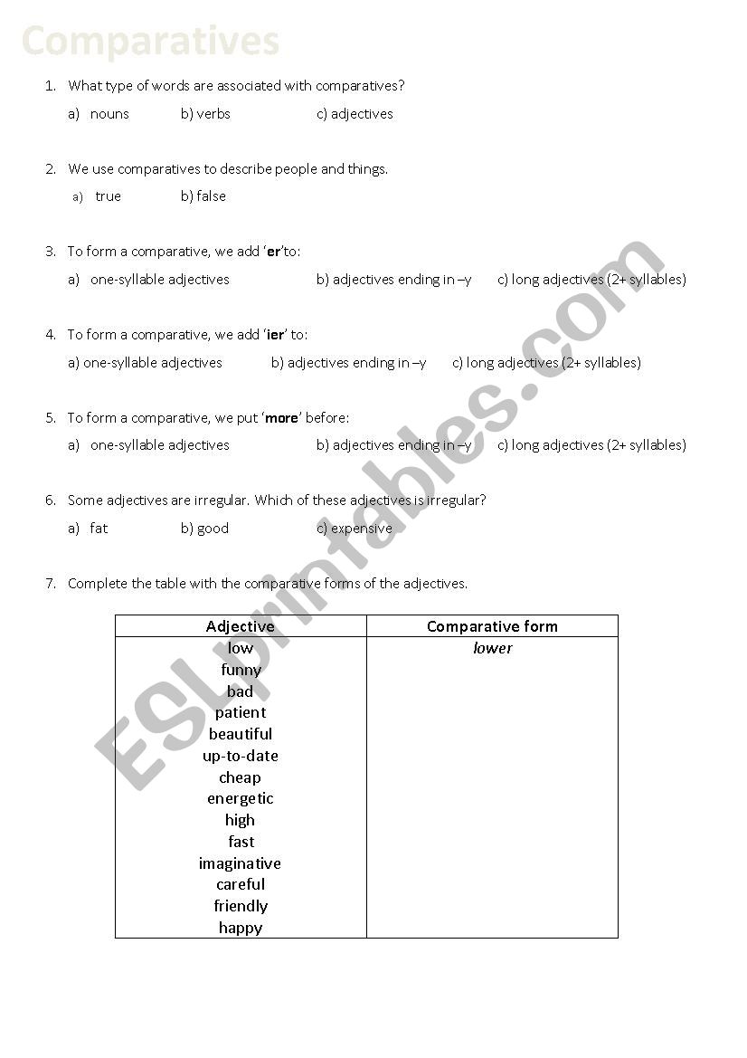 Comparatives Guided Discovery worksheet