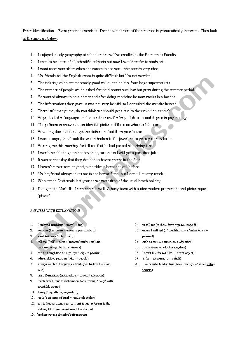 Error Identification  worksheet