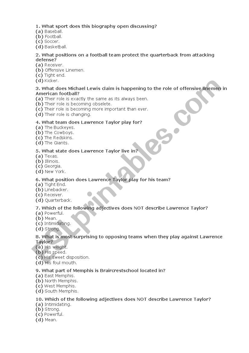 blinde side worksheet