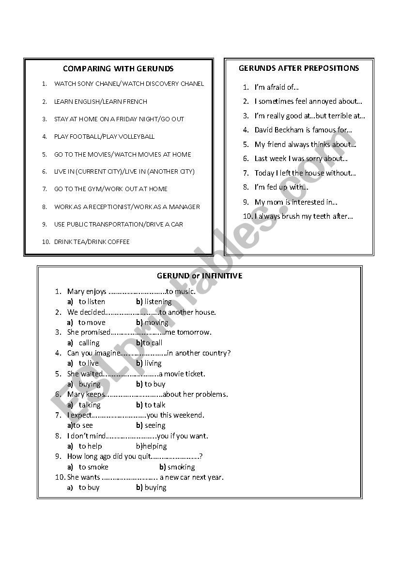 Gerunds and Infinivites worksheet