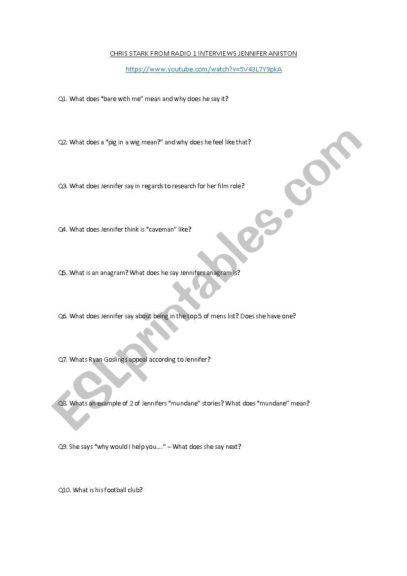 Jennifer Aniston Interview - questions worksheet 