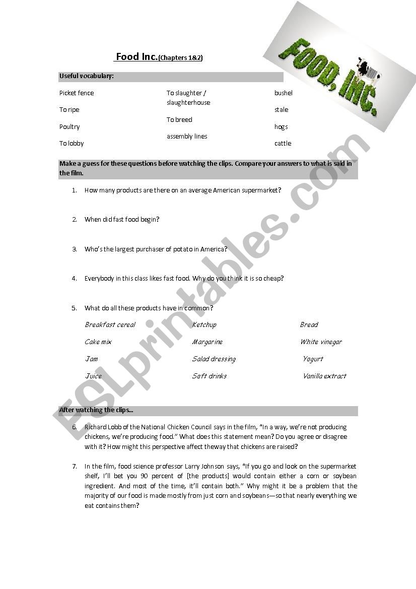 Food Inc - worksheet to comment on the film 