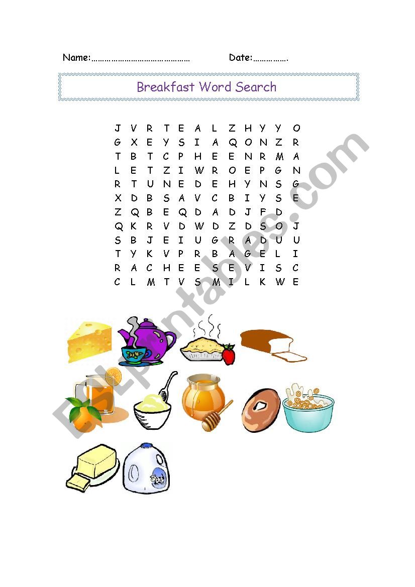 Breakfast Word Search ESL Worksheet By HarisT