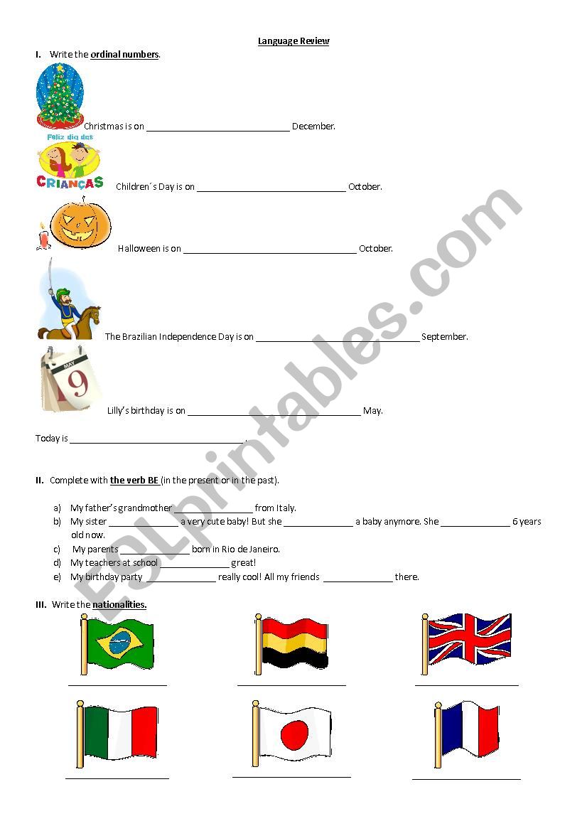 Language review - ordinal numbers, nationalities, verb BE, question words