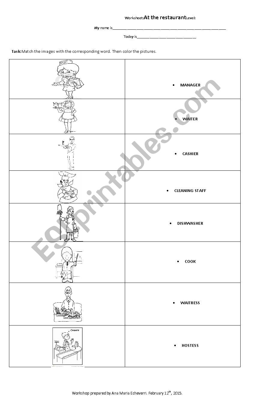 Jobs at the restaurant worksheet