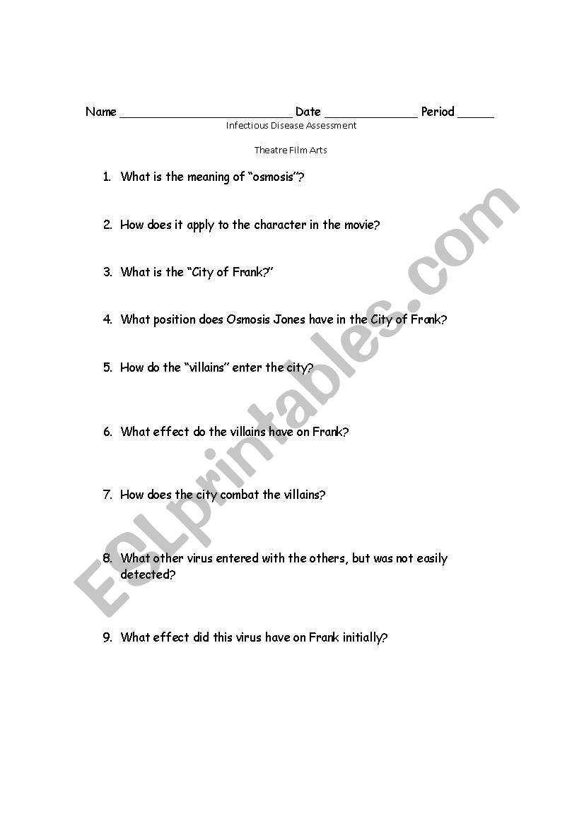 Osmosis Jones Movie Worksheet