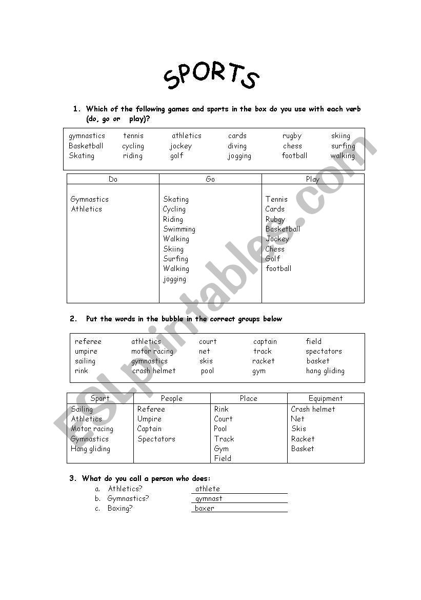 SPORTS /  ANSWER KEY worksheet