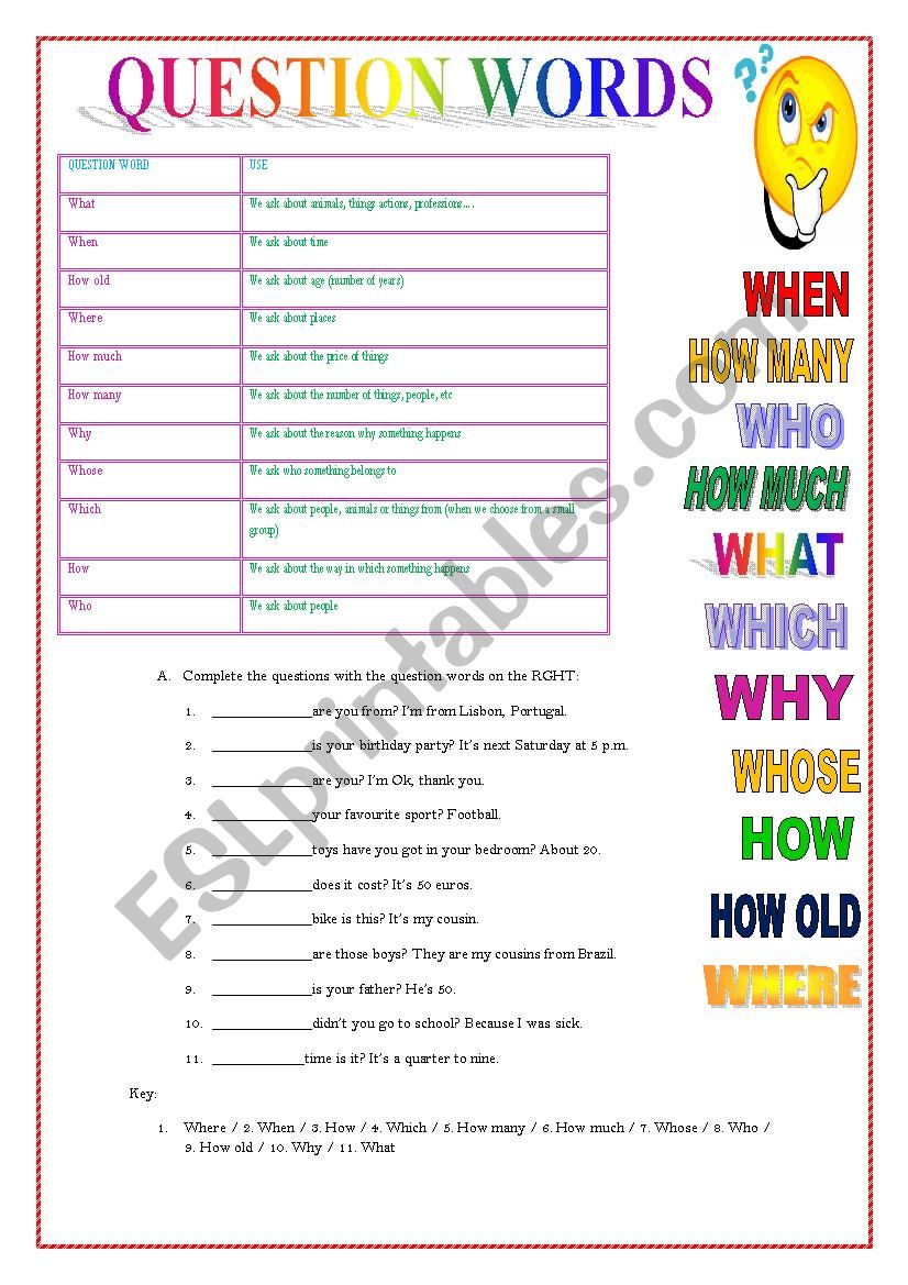 QUESTION WORDS EXERCISES ESL Worksheet By Ascincoquinas